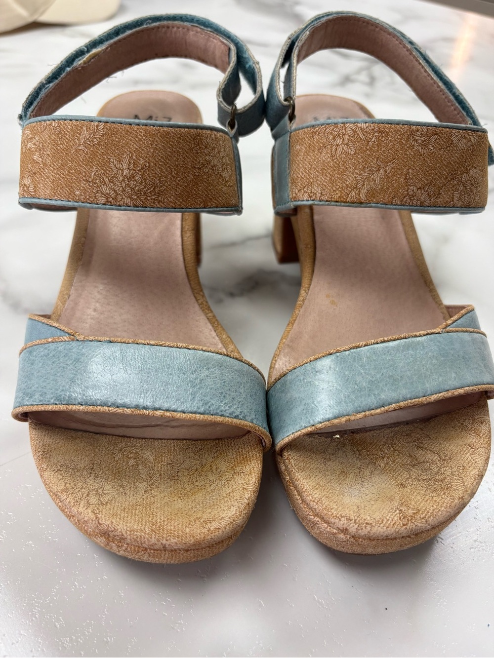 Miz Mooz Dusty Blue Suede Platform Sandals with Tan Floral Print Platform - Picture 2 of 6